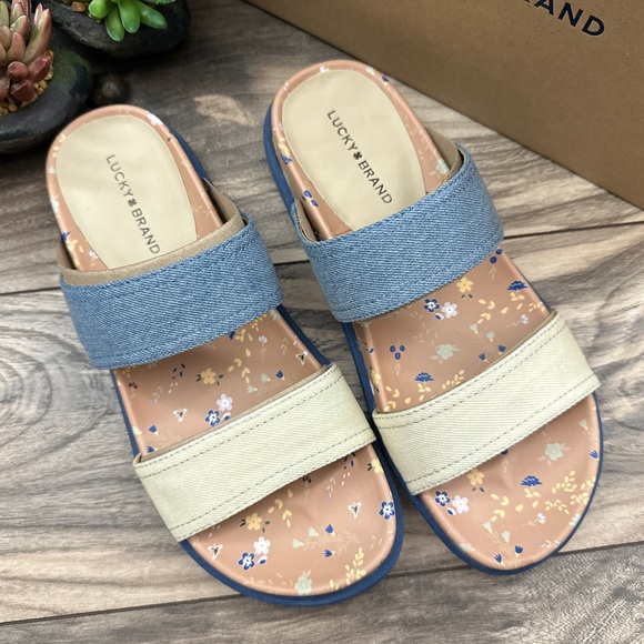 NIB Lucky Brand Paimee Double Two Strap Slide Sandal Stucco/Acid Denim 8M - Picture 2 of 12